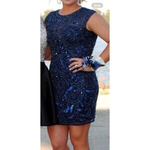 Primavera Couture Fitted Mesh Navy BlueBeaded Dress Sz 10 Prom Formal Homecoming